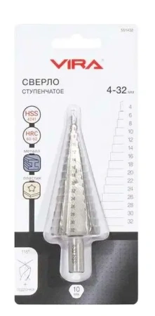Сверло ступенчатое с трехгранным хвостовиком 4-32 мм VIRA 551432; УТ-00000254