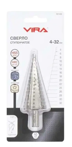 Сверло ступенчатое с трехгранным хвостовиком 4-32 мм VIRA 551432; УТ-00000254