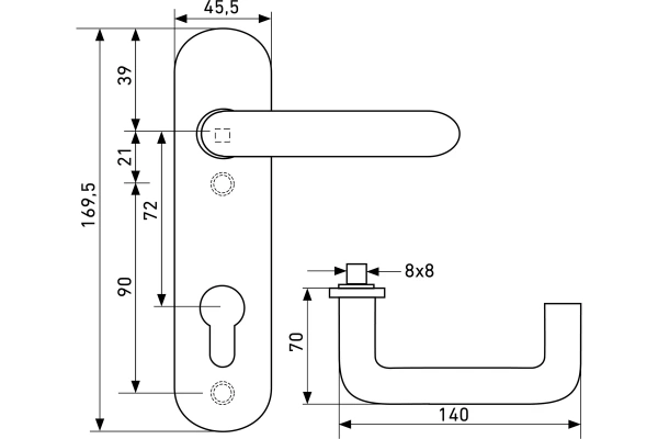 Комплект ручек на планке для противопожарных дверей БУЛАТ РФ 72.09НС AISI 304 INOX; 11614754