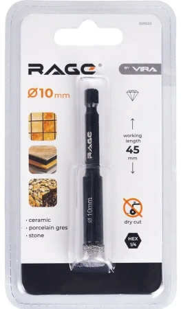 Коронка алмазная по керамограниту 10мм с шестигранным хвостовиком RAGE 559533; УТ-00000239