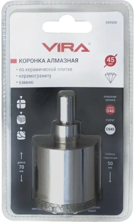Коронка алмазная по керамике 45 мм трехгранный хвостовик VIRA 559506; УТ-00000216