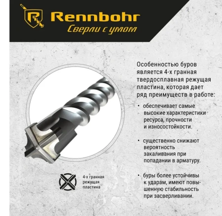 Бур SDS+ 4 грани Rennbohr Quadro 10x460мм (511046); 11613628