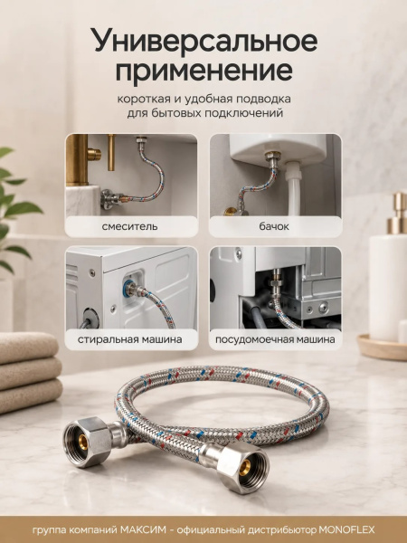 Подводка для воды гибкая 20см, наружный d-12мм, 1/2", тип резьбы вр-вр/гайка-гайка, нержавеющая сталь, Monoflex (01170); 11595222
