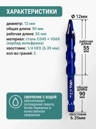 Сверло универсальное 12мм твердосплавное эксцентриковое VIRA 555412; УТ-00000466