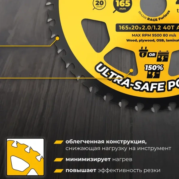 Диск пильный165 мм (6 1/2") Z40 по дереву, ламинату, фанере, ОСП RAGE Furious 594249; УТ-00000387